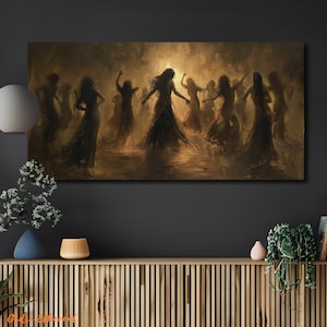 May include: An oil painting depicts a group of figures dancing in a dimly lit space. The figures, rendered in shades of brown and gold, are silhouetted against a bright, central light source. The artwork evokes a sense of movement and mystery.