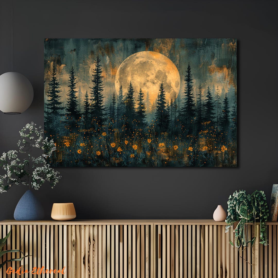 Moonlit Pine Tree Forest Canvas Painting, Rustic Wall Art - Etsy
