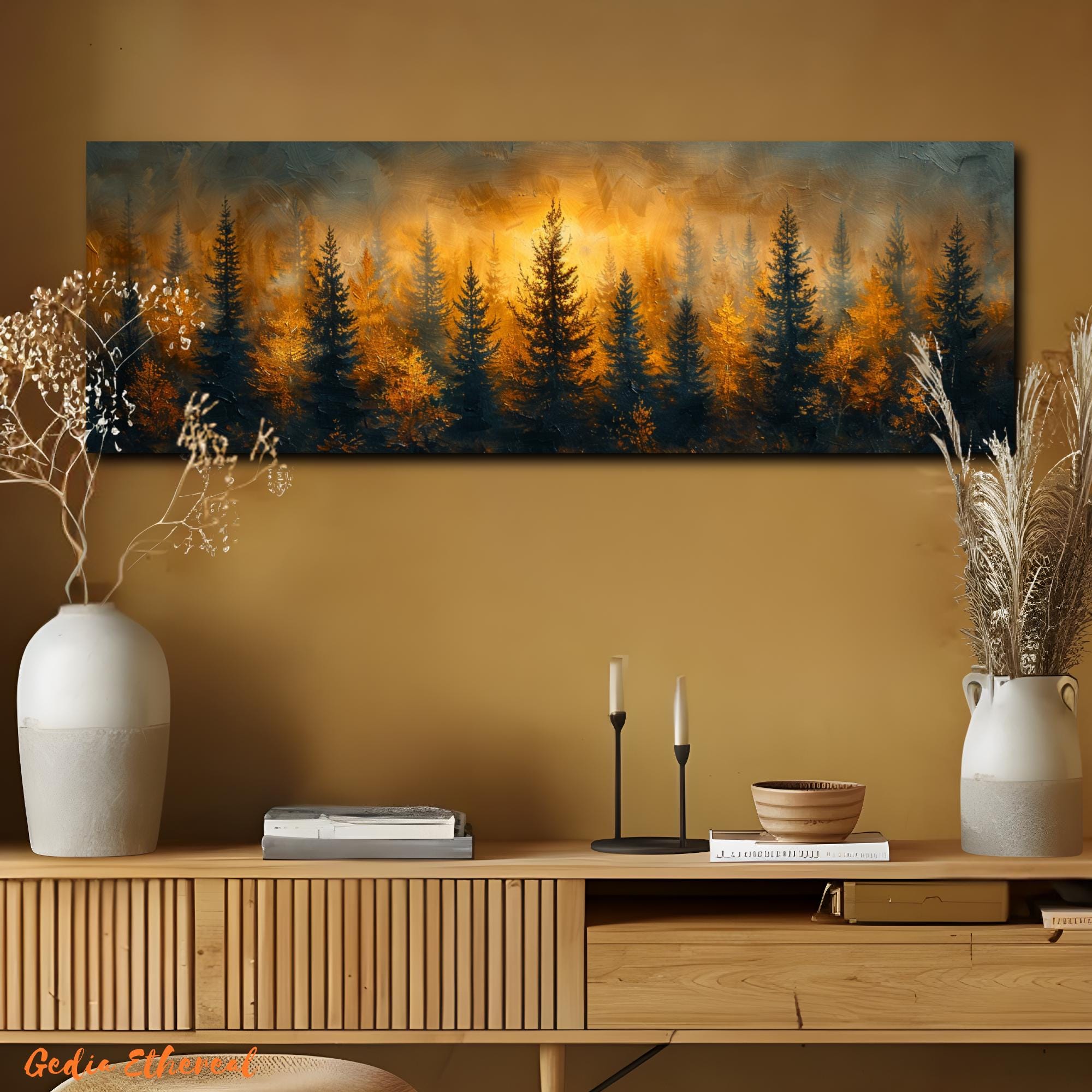 Panoramic Forest Sunset Canvas Art: Golden Pine Tree Wall Decor - Etsy