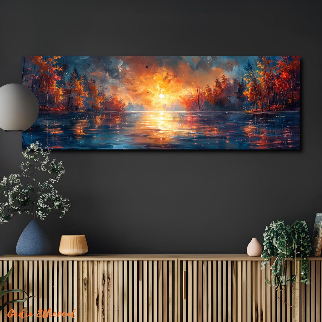 Sunset Over Lake Canvas Wall Art | Serene Nature Landscape Painting - Etsy