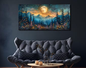 Moonlit Forest and Mountain Canvas Wall Art – Mystical Full Moon Landscape Print