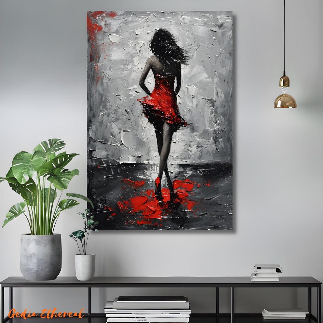 Woman in Red Dress Canvas Painting, Beautiful Woman Abstract Wall Art ...