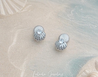 Lalaila Seashell Stud Earring • Silver Beach Shell Earrings • Trendy Best Friend Gift • Invisible Pain Free Clip Coil Design