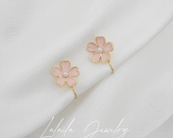 Sakura Pearl Clip On Earrings Non Pierced Ear Clips Pain Free Stud Ear Cuffs Jewelry Gift for Women
