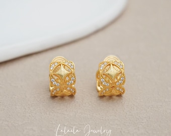 18K Gold Plated Star Hoop Earrings, Cubic Zirconia Detail, Invisible Pain Free Clip Coil Design, Wedding Party Gift for Bridesmaid