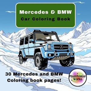 メルセデス & BMW ぬり絵 | 20 ページ | 大人、子供、ぬり絵、メルセデス車、BMW 車、ぬり絵デザイン、デジタル ダウンロード