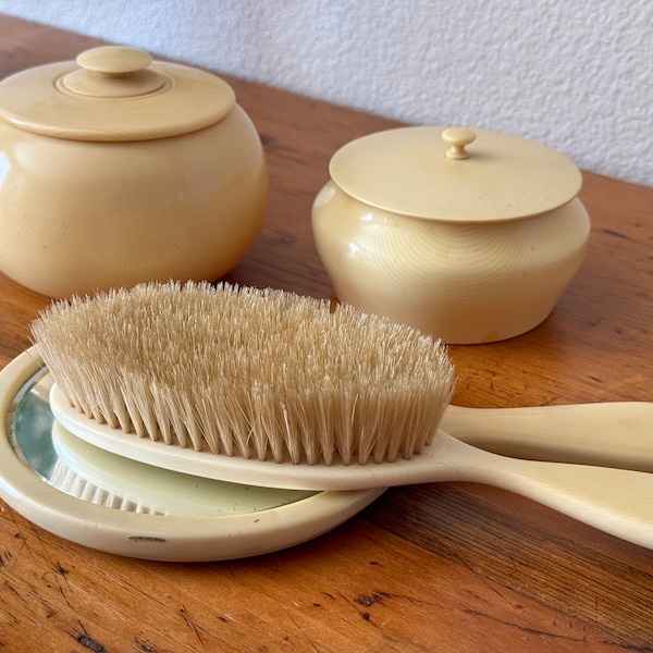 1930’s Celluloid Vanity Accessories Hair Receiver/ Powder Box/ Brush & Mirror Set Your choice