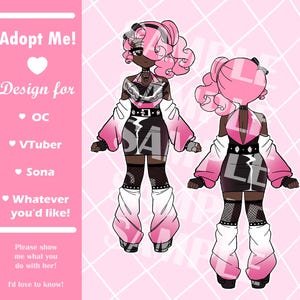 Könnte beinhalten: Digitale Illustration eines Charakterdesigns in Rosa, Schwarz und Weiß. Das Design zeigt eine Vorder- und Rückansicht eines Charakters mit rosa Haaren, einem schwarz-weißen Outfit und dem Text "Adopt Me!" und "Design for OC, VTuber, Sona, Whatever you'd like!"