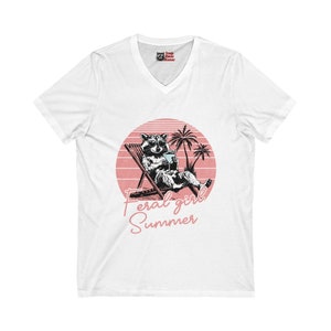 Funny Racoon Bella+Canvas V-neck - &quot;Feral Girl Summer&quot; - Humorous Gift for Friend, Sister, Girlfriend, Mom, Daughter, Funny Gift for Wife