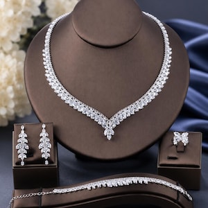 Bridal Jewelry Set with Adjustable Ring, Crystal Wedding Necklace Earrings Bracelet Set, Silver Rhinestone Bridal AccessoriesGift for Bride