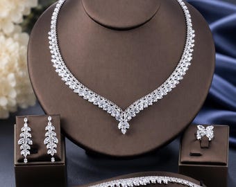 Bridal Jewelry Set with Adjustable Ring, Crystal Wedding Necklace Earrings Bracelet Set, Silver Rhinestone Bridal AccessoriesGift for Bride