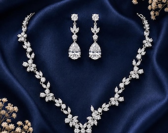 Crystal Bridal Jewelry Set: Necklace and Teardrop Earrings, Silver Tone Wedding Set