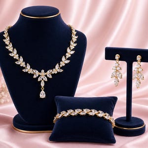 May include: A gold-toned jewelry set featuring a necklace, a bracelet, and a pair of drop earrings. Each piece is adorned with clear, marquise-cut crystals arranged in a leaf-like pattern, with a single pear-shaped crystal pendant on the necklace.