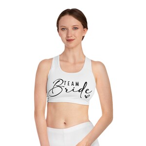 Team Bride in black Sports Bra (AOP), Bridal Party Sports Bra, Matching Bridal Party Sports Bra