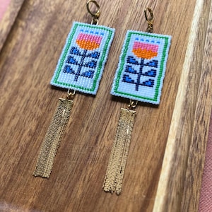 Bjork | Handmade Beaded Tulip Earrings with Gold Tassel | Bold Lightweight Statement Jewelry | Orange Pink Blue Floral | Scandinavian Style