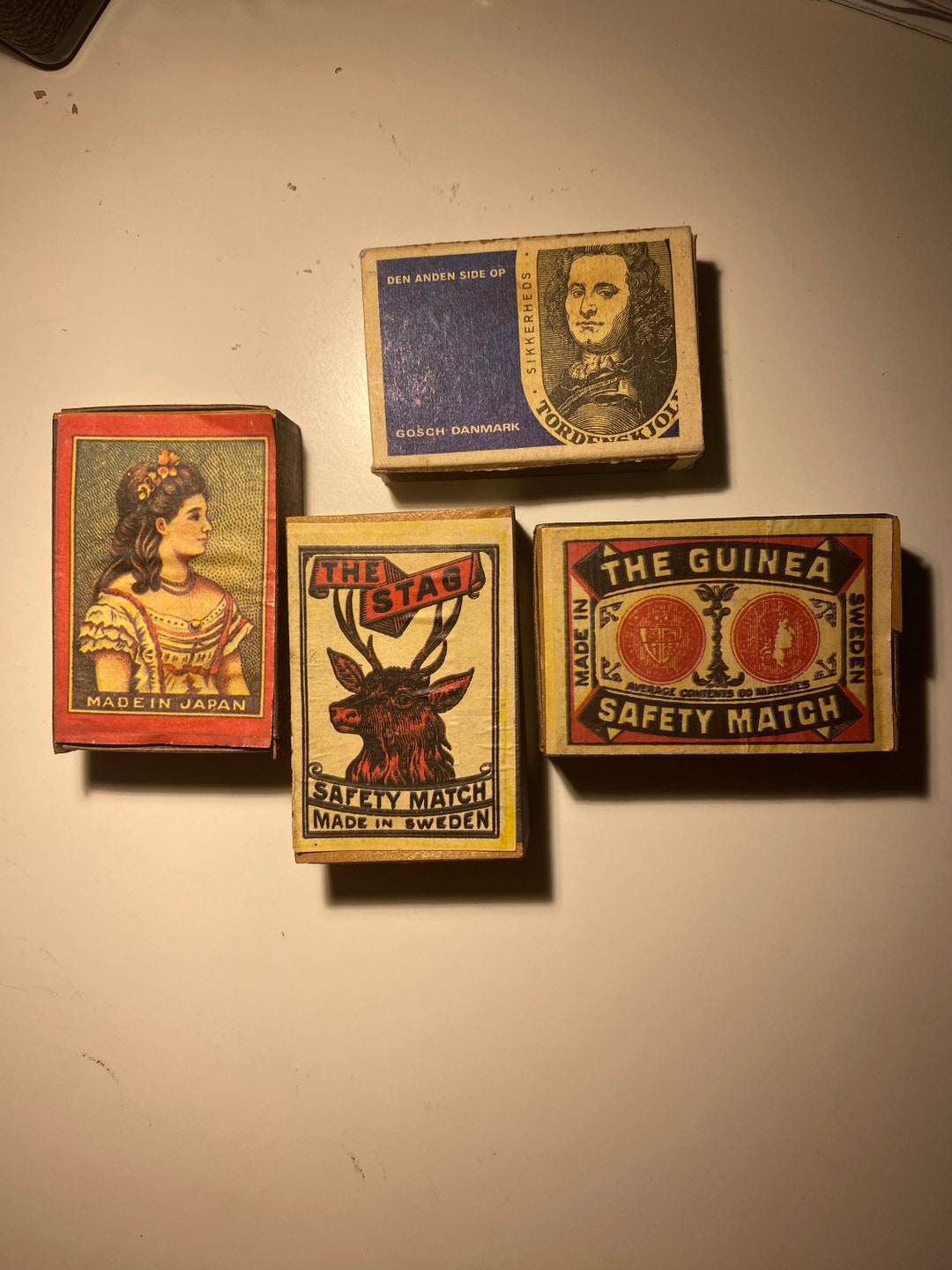 Set of 4 Vintage Matchboxes, Made in Sweden, Japan, Gosch Danmark