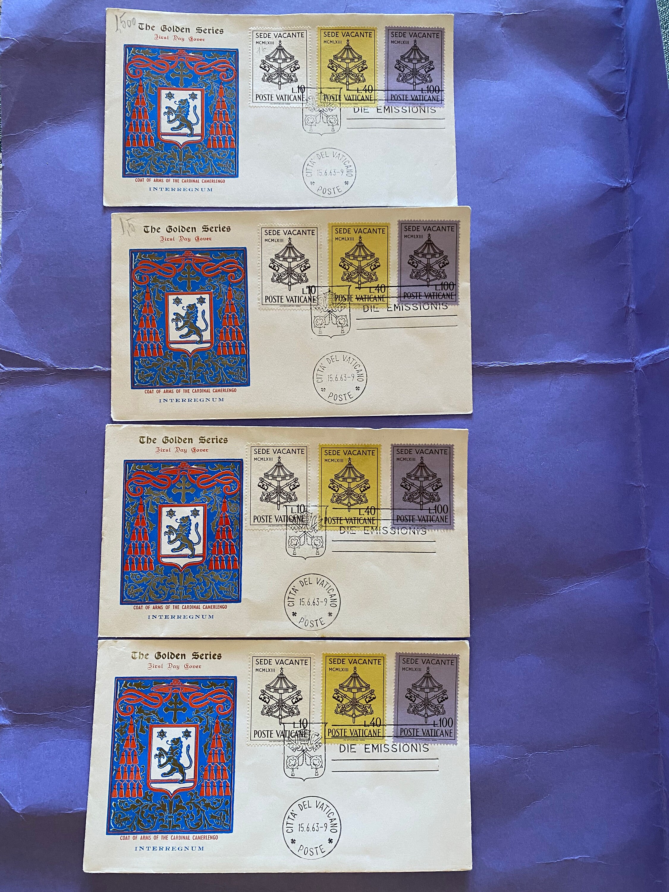set 4 FDC envelope POSTE VATICANE, the golden series, interregnum, die emmissions, vintage envelope, 16/06/1963, sede vacante, Vatican City
