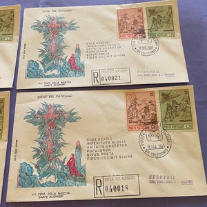 set 4 sobres FDC Poste del vaticane 18/05/1965, ciudad de Baticano, VII centavo del nacimiento de Dante Alleghieri, sellos antiguos