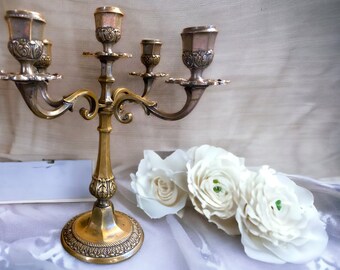 Vintage brass candlestick, antique 5 arm candle holder,