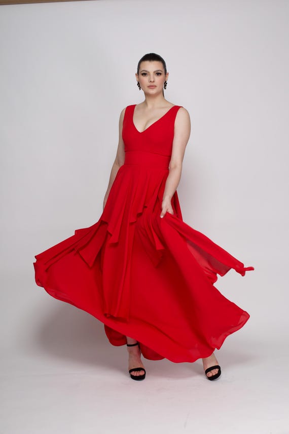 Red Maxi Dress - Geometric Details, Deep V Neck, Low Back, Two-Layer Skirt, Made in Poland