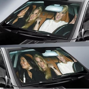 May include: Two images of a black car's interior with three women inside. The women are smiling and appear to be enjoying themselves. The car's interior is tan leather. The windshield has rain drops on it.