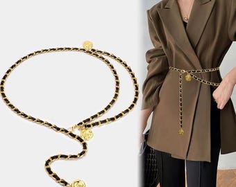 Metal Waist Chain Belts for Women Round Flower Pendant Chain 