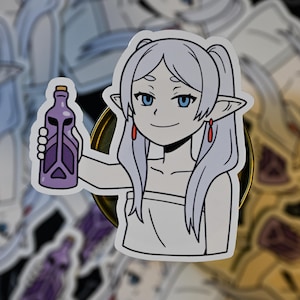 May include: A sticker featuring an anime-style character with long, light blue hair and blue eyes, holding a purple bottle. The character has pointed ears and is wearing a white outfit and red earrings. The sticker has a white border.