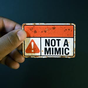 May include: A rectangular metal sign with an orange top section and the text "NOT A MIMIC" in black. The bottom section is white with a red triangle and exclamation point. The sign has a rusty, distressed appearance.