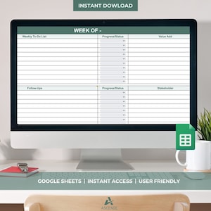Peut inclure: Un écran d'ordinateur affiche un modèle de liste de tâches hebdomadaire vert et blanc. L'écran affiche le texte "INSTANT DOWNLOAD", "WEEK OF", "Weekly To-Do List", "Follow-Ups", et "GOOGLE SHEETS | INSTANT ACCESS | USER FRIENDLY".