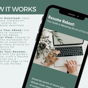 May include: A green and white graphic with the text "How It Works" and "Resume Reboot: Your Guide to Mastering the Art of First Impressions". The graphic also includes a laptop computer with a person's hands typing on the keyboard.