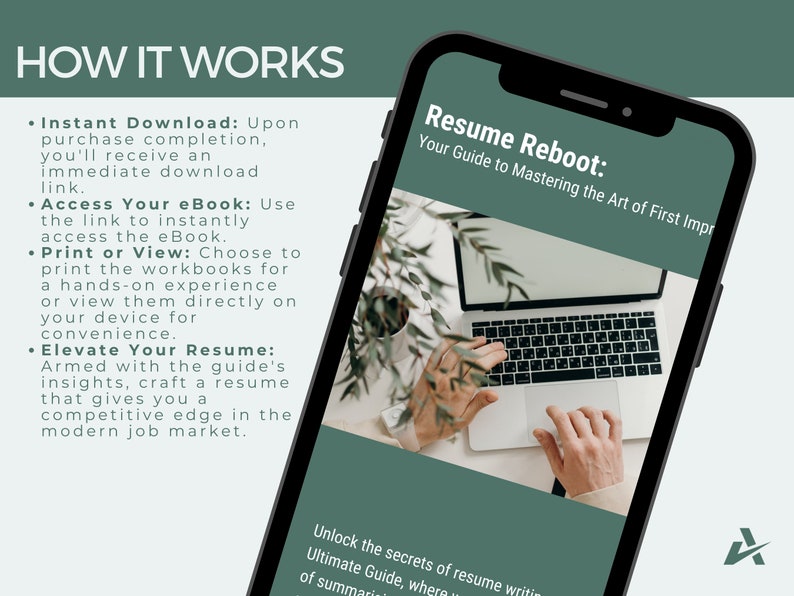 May include: A green and white graphic with the text "How It Works" and "Resume Reboot: Your Guide to Mastering the Art of First Impressions". The graphic also includes a laptop computer with a person's hands typing on the keyboard.