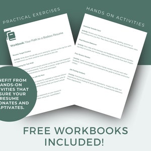 May include: A green and white graphic with the text "Benefit from hands-on activities that ensure your resume resonates and captivates."  The graphic also includes the text "Practical Exercises" and "Hands-on Activities" with a list of activities under each heading.