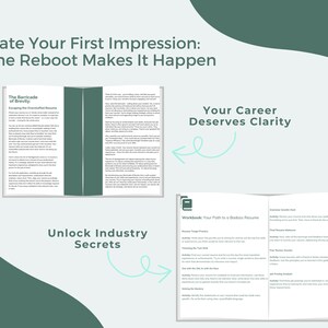 May include: A green and white graphic with the text "Elevate Your First Impression: Resume Reboot Makes It Happen" and "Your Career Deserves Clarity". The graphic also includes a book with the text "The Barricade of Brevity: Engaging the Overstuffed Resume" and "Workbook: Your Path to a Badass Resume".