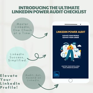 Puede incluir: Una ilustración gráfica de una lista de verificación para una auditoría de potencia de LinkedIn. La lista de verificación se titula "LinkedIn Power Audit" e incluye el texto "Elevate Your Profile, Elevate Your Career". La ilustración incluye a una persona usando un teléfono inteligente con un icono 5G y otros iconos de tecnología. El texto "Crafting Your Digital Edge, Your LinkedIn Blueprint" también está incluido.