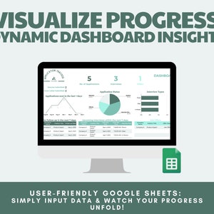 K&ouml;nnte beinhalten: Ein Computerbildschirm zeigt ein gr&uuml;nes und wei&szlig;es Bewerber-Tracker-Dashboard mit Diagrammen und Grafiken. Das Dashboard zeigt die Anzahl der Bewerbungen, Interviews und Angebote. Der Text "VISUALIZE PROGRESS: DYNAMIC DASHBOARD INSIGHTS." befindet sich oben auf dem Bildschirm. Der Text "USER-FRIENDLY GOOGLE SHEETS: SIMPLY INPUT DATA & WATCH YOUR PROGRESS UNFOLD!" befindet sich unten auf dem Bildschirm.