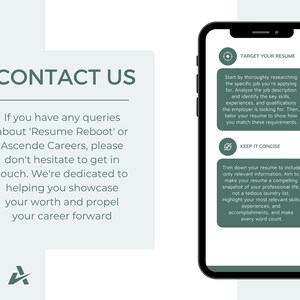 May include: A green and white mobile phone screen with the text "Target Your Resume" and "Keep It Concise" in white text. The text below each heading provides tips for writing a resume.