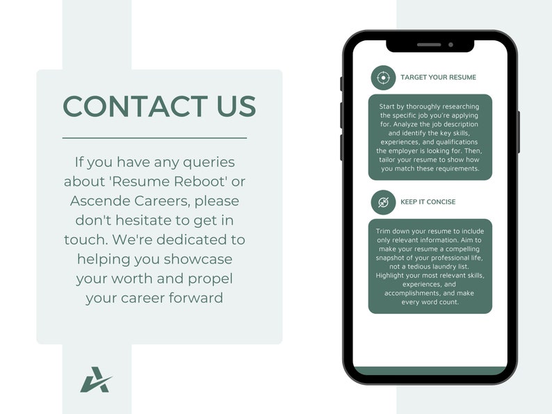 May include: A green and white mobile phone screen with the text "Target Your Resume" and "Keep It Concise" in white text. The text below each heading provides tips for writing a resume.