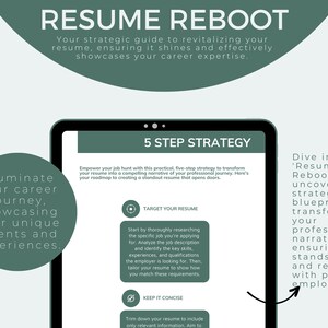 May include: A green and white digital tablet with the text "Resume Reboot" and "5 Step Strategy". The text on the tablet describes a five-step strategy to revitalize your resume. The image also includes the text "Illuminate your career journey, showcasing your unique talents and experiences."