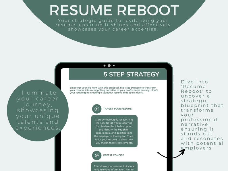 May include: A green and white digital tablet with the text "Resume Reboot" and "5 Step Strategy". The text on the tablet describes a five-step strategy to revitalize your resume. The image also includes the text "Illuminate your career journey, showcasing your unique talents and experiences."