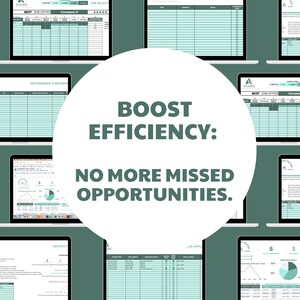 K&ouml;nnte beinhalten: Eine Collage von Laptop-Bildschirmen, die Tabellenkalkulationen und Diagramme mit dem Text "BOOST EFFICIENCY: NO MORE MISSED OPPORTUNITIES." in einem wei&szlig;en Kreis in der Mitte zeigen.