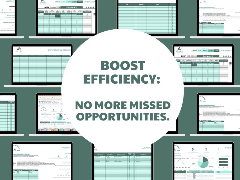 K&ouml;nnte beinhalten: Eine Collage von Laptop-Bildschirmen, die Tabellenkalkulationen und Diagramme mit dem Text "BOOST EFFICIENCY: NO MORE MISSED OPPORTUNITIES." in einem wei&szlig;en Kreis in der Mitte zeigen.