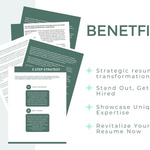 May include: A green and white graphic with the text "BENETFITS" in large, bold, green letters. Below the text are four bullet points with the following text: "Strategic resume transformation", "Stand Out, Get Hired", "Showcase Unique Expertise", and "Revitalize Your Resume Now".
