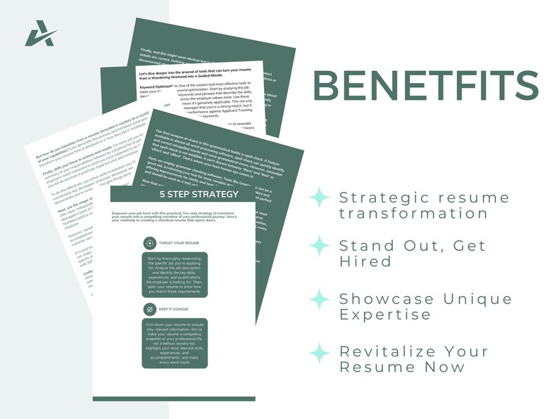 May include: A green and white graphic with the text "BENETFITS" in large, bold, green letters. Below the text are four bullet points with the following text: "Strategic resume transformation", "Stand Out, Get Hired", "Showcase Unique Expertise", and "Revitalize Your Resume Now".