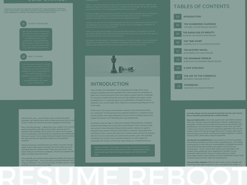 May include: A green and white guide with the title "Resume Reboot" and a table of contents listing chapters such as "The Wandering Warhead", "The Baracade of Brevity", and "The Art of the Comeback".