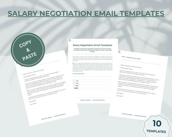 May include: A set of 10 email templates for salary negotiation. The templates are designed to help you command your worth and get the salary you deserve. The templates are organized into a document with a green background and a white border. The document has the text "COPY & PASTE" in a green circle at the top left corner. The document also has the text "COMMAND YOUR WORTH: SALARY NEGOTIATION EMAIL TEMPLATES" at the bottom of the page.