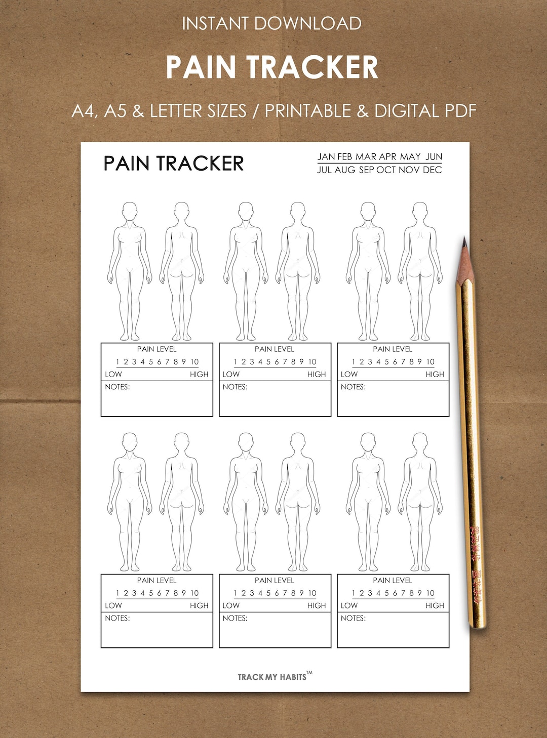 Body Pain Tracker Printable Pain Chart Monthly Symptom - Etsy