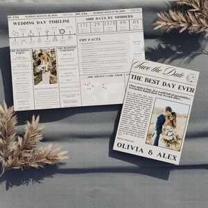 May include: A save the date announcement for a wedding. The announcement is designed to look like a vintage newspaper with a photo of the couple in the bottom right corner. The text reads "Save the Date, The Best Day Ever, Once upon a time, in a world full of possibilities, two hearts found their way to each other... Olivia & Alex".