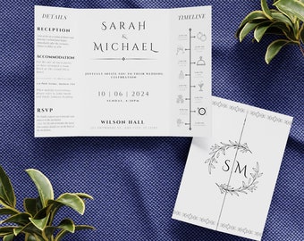 Modern Wedding Folded Invitation Template, Trifold Invitation Program Template, Gatefold Invitation Card, INSTANT Download +FREE GIFT