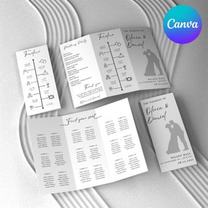 Modern Trifold Wedding Program Template: Ceremony, Seating Chart & Timeline, Editable in Canva