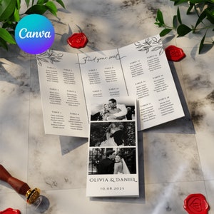 Sjabloon fotohokje driebladig trouwprogramma: tafelschikking, ceremonie en tijdlijn, bewerkbaar in canvas